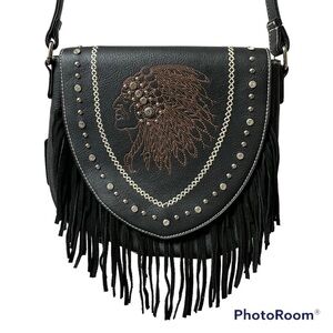 Nwt P&g Western Hobo Native Chief Fringe Embellished Crossbody Leather Purse